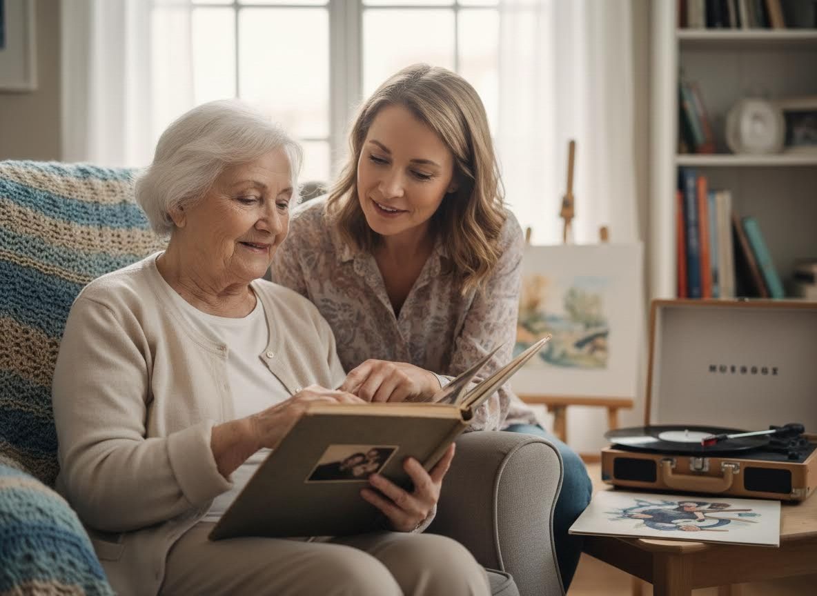 Mother and daughter looking at a photo album