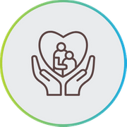 Line art icon of cupped hands holding a heart with a family silhouette inside, surrounded by a blue and green circular border.