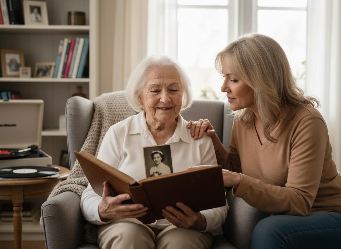 Elderly Woman and Daughter Looking at Photo Album