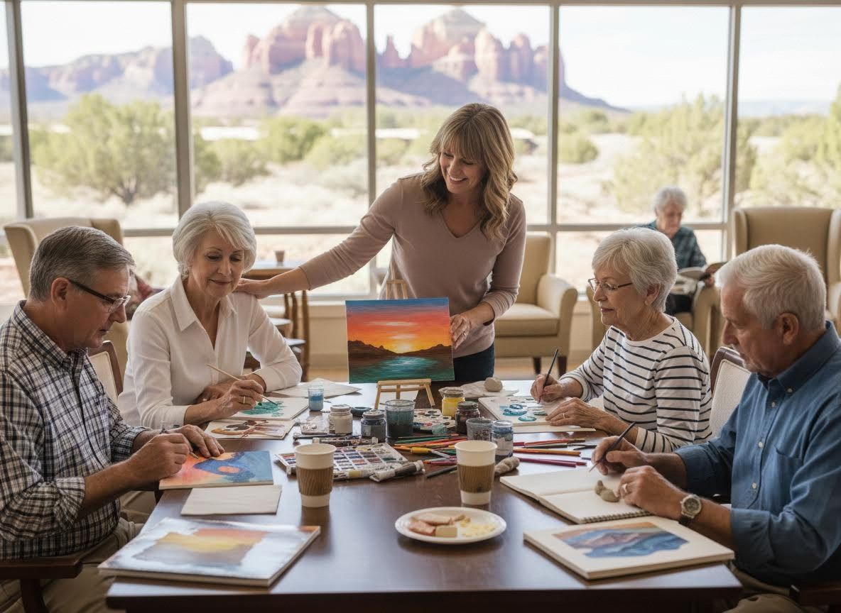 Seniors enjoying an art class with an instructor and scenic view