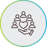 Line art icon of a large hand holding up a group of five people silhouettes with a heart at the center, enclosed in a blue and green circular border.