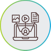 Line art icon of a laptop displaying media, document, and image icons inside a blue and green circular border.
