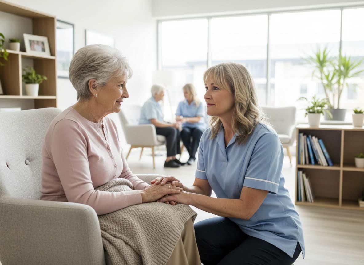 Caregiver Comforting Elderly Woman in a Bright Room