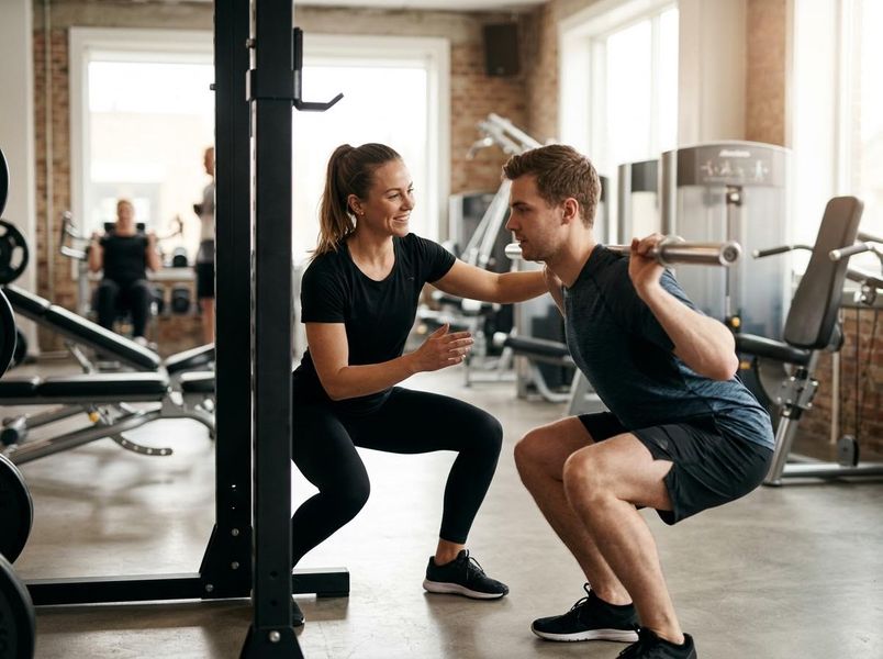 Personal trainer assisting man with barbell squats