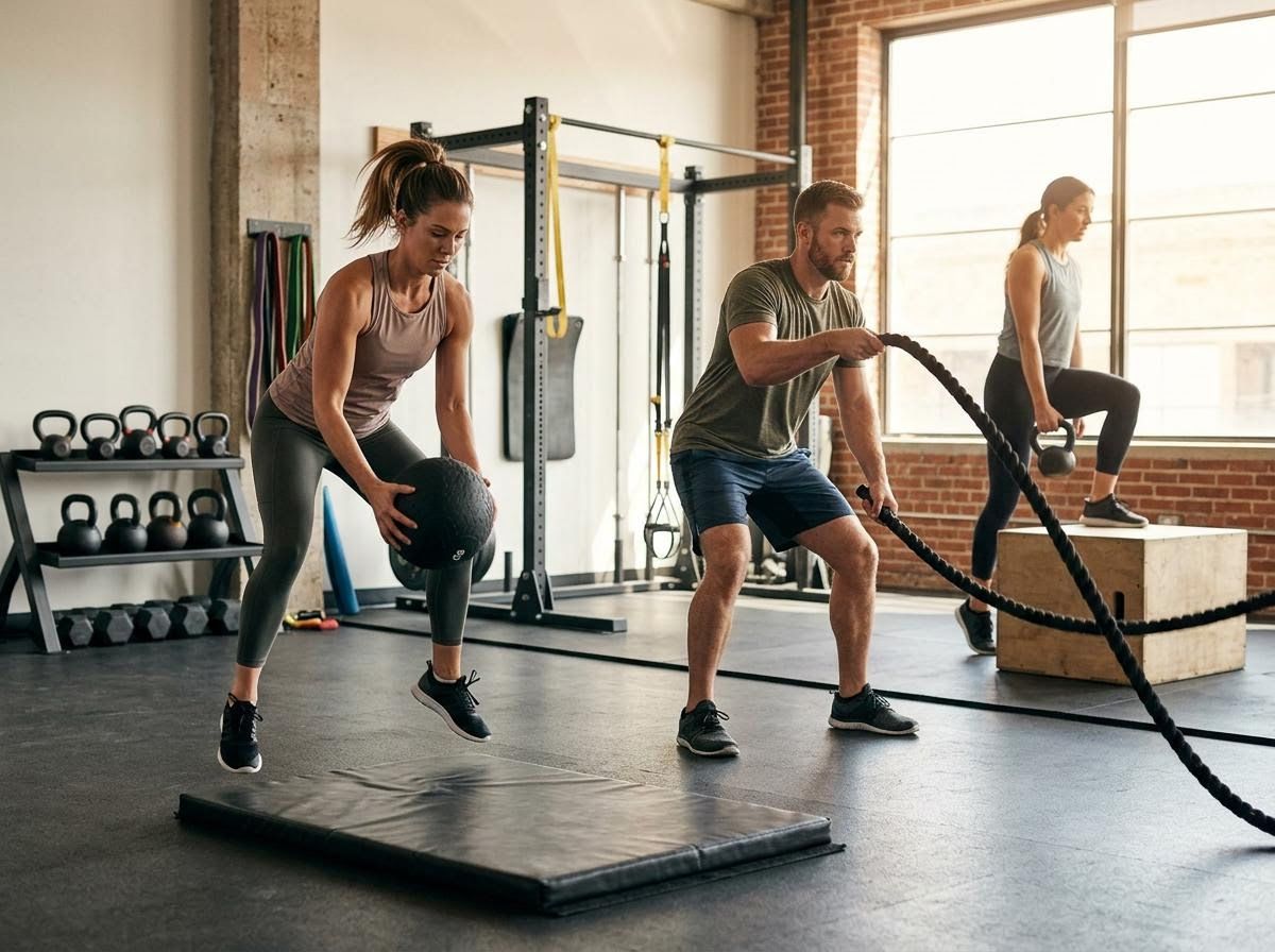 Three athletes doing functional training in a gym