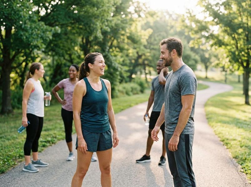 Friends in activewear chatting on a park path