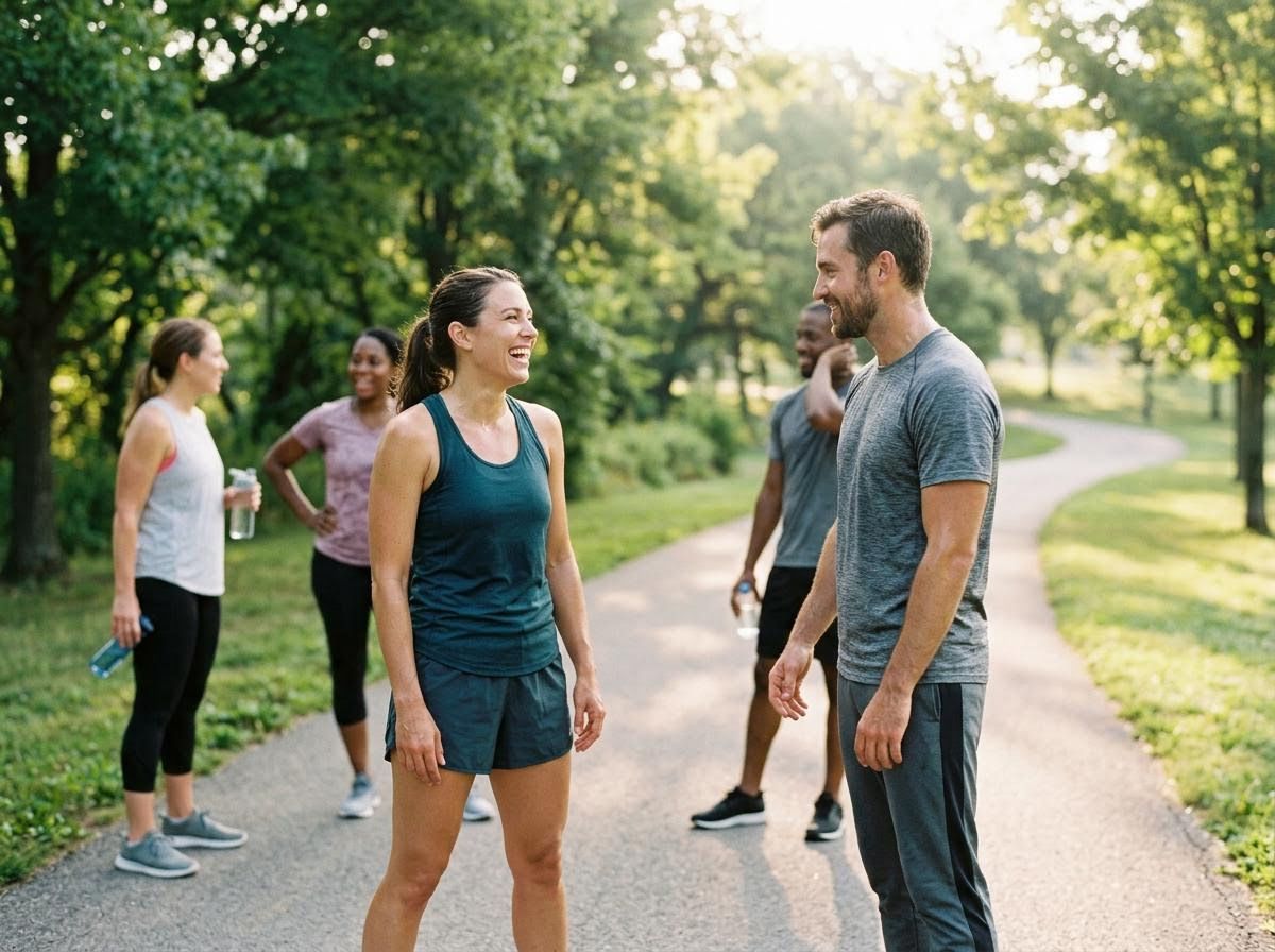 Friends in activewear chatting on a park path