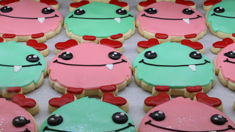 pink and green smiling monster cookies
