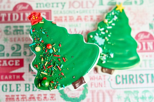 two christmas tree cookies arranged on a christmas themed backdrop