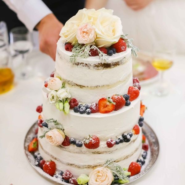 cake with fruit and fresh flowers 