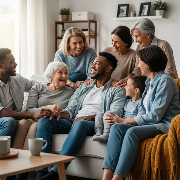 A person sitting on a couch with their family, laughing and talking, symbolizing healthy communication and family support during addiction recovery.