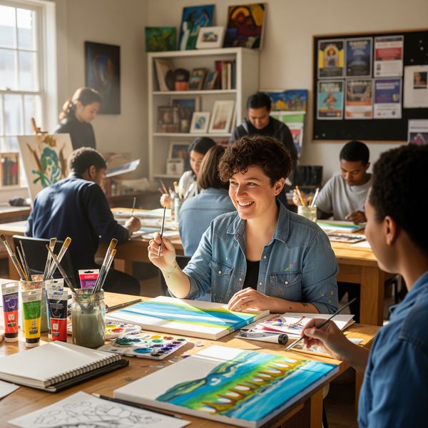 A person participating in a community art class, smiling and engaging with others, symbolizing the integration of aftercare and community resources into a new life.