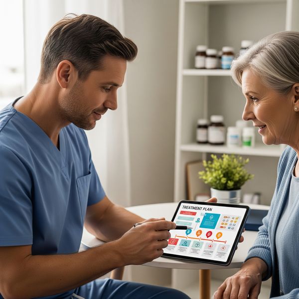 A healthcare professional and a patient reviewing a treatment plan on a tablet, with medications shown subtly in the background.