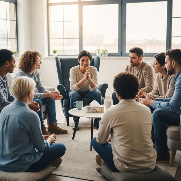 A diverse group of people sitting in a circle in a comfortable, bright room, listening to one another and offering encouragement, representing a peer support group.