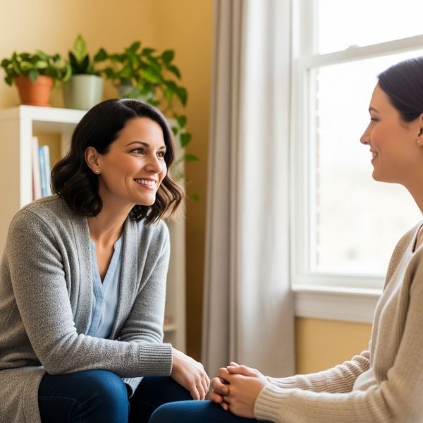 A compassionate therapist talking with a hopeful patient.