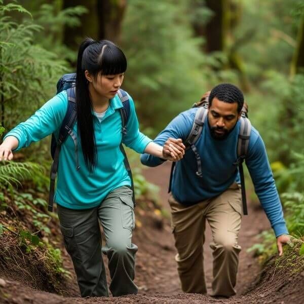 couple hiking up mountain