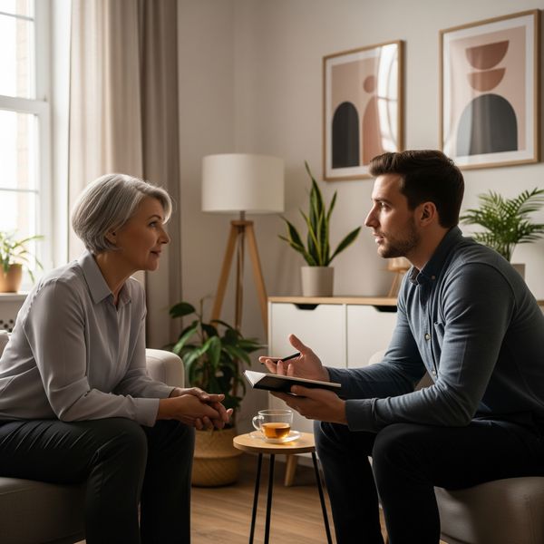 Two people engaged in a focused, empathetic conversation, illustrating the importance of therapy and counseling in recovery.