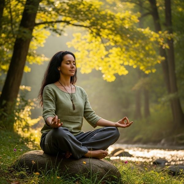 A woman peacefully meditating outdoors in a natural setting.