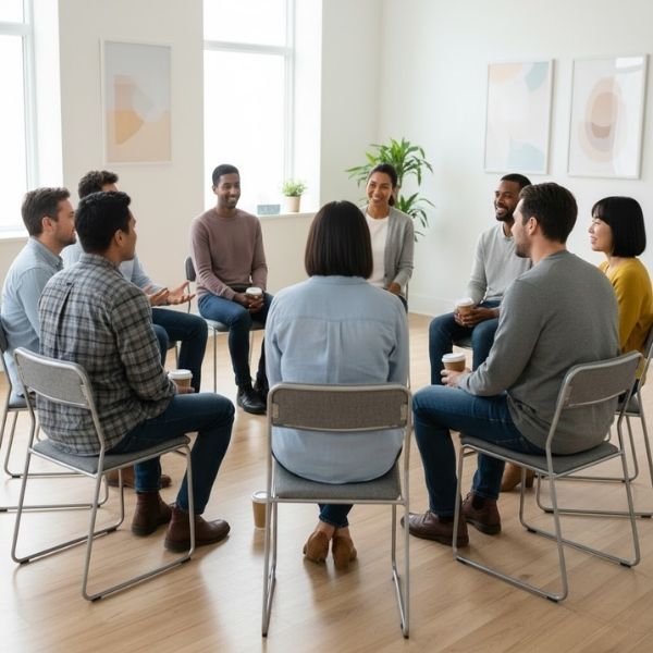 A group counseling session in a brightly lit room.