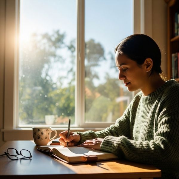 A person journaling thoughtfully by a bright window.