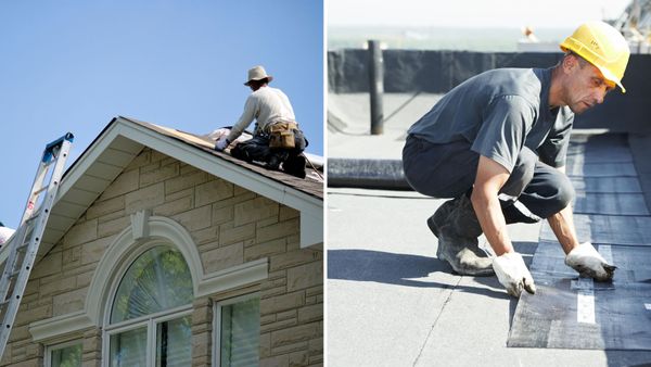 image collage of roofers working on residential and commercial roof