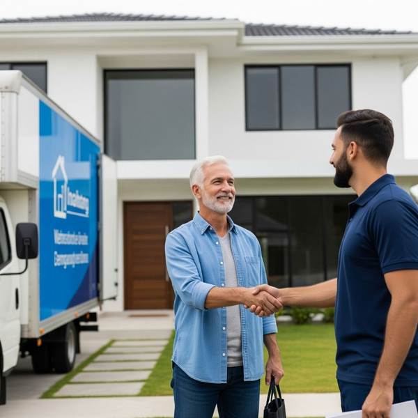 A satisfied customer shakes hands with a local mover.