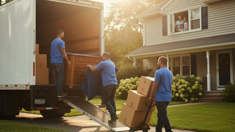 Professional movers carefully loading a moving truck with boxes and furniture outside a house on a sunny day