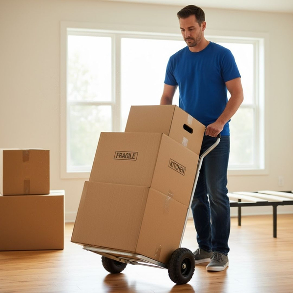 Professional mover using a furniture dolly to safely transport a large box