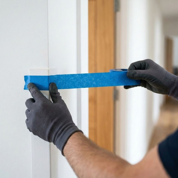 Close-up of a person's gloved hands applying blue painter's tape to the corner of a white wall.