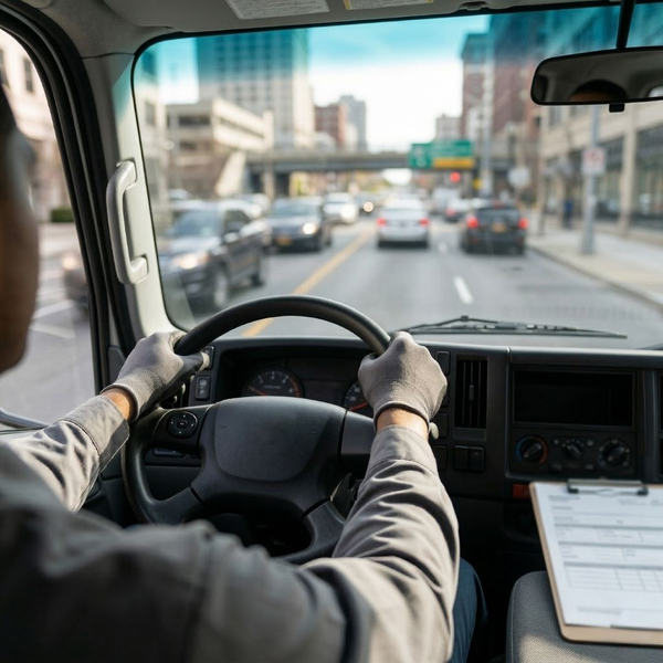 Point-of-view shot from the driver's seat of a person with gloved hands gripping the steering wheel while driving.