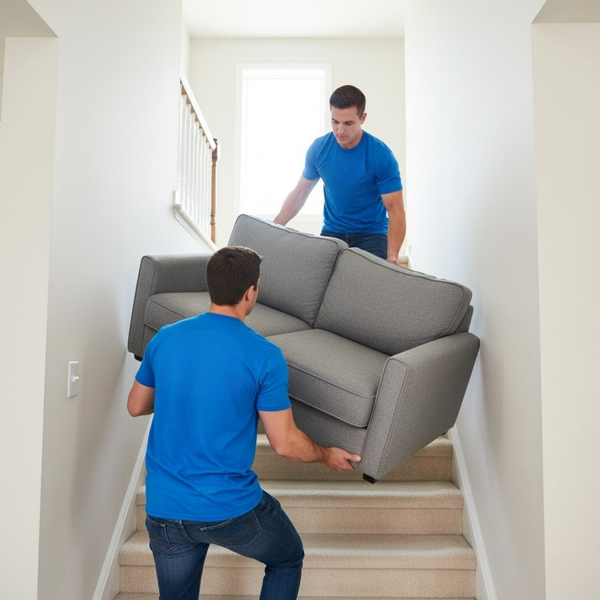 Two professional movers carefully carrying a heavy sofa up a flight of stairs