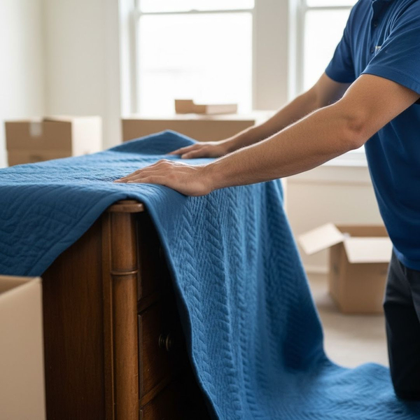 a professional mover expertly wrapping a piece of furniture in a moving blanket
