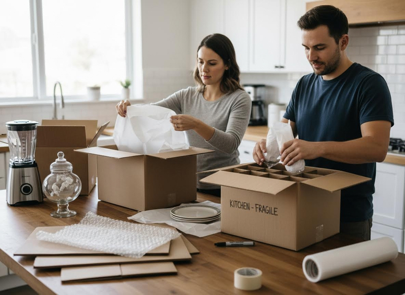 A young couple carefully packing fragile kitchenware like glasses and plates into cardboard boxes on a wooden counter for moving. Couple packing kitchen items into moving boxes
