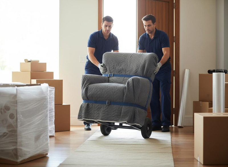 Two uniformed movers carefully transport a grey armchair wrapped in a moving blanket on a dolly through a doorway, surrounded by packing boxes. Two professional movers transporting a covered armchair on a dolly