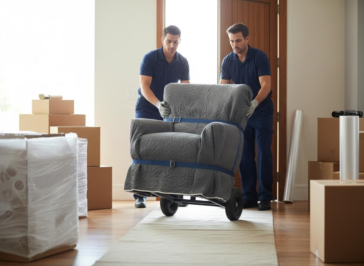 Two professional movers transporting a covered armchair on a dolly