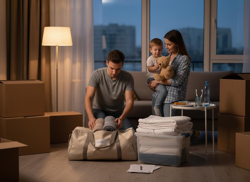 A man packs a duffel bag with towels as a woman holds a toddler and teddy bear in a living room with moving boxes at dusk. Family moving into a new home