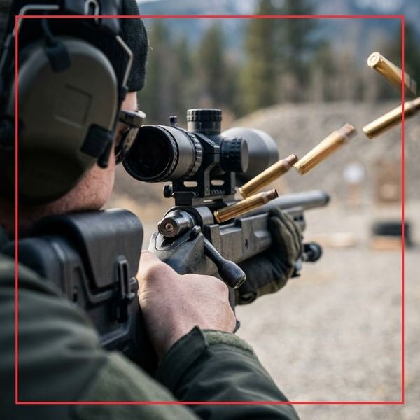 A 1:1 macro photograph taken over the shoulder of a marksman at a shooting range, showing several empty, warm brass centerfire rifle casings ejecting consecutively from a bolt-action rifle, creating a blurred arc of motion.