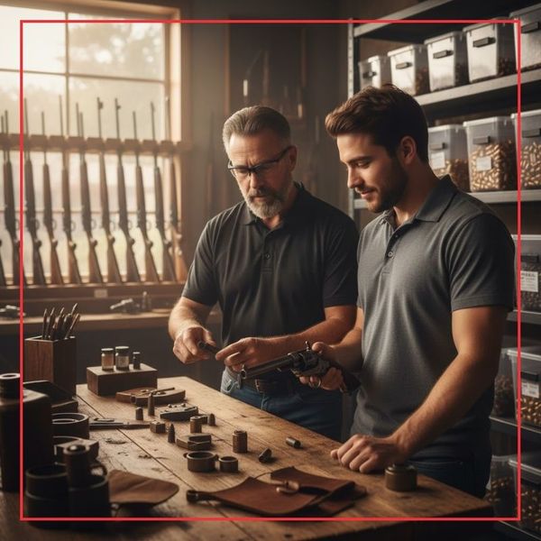 A store expert pointing to a feature on a modern muzzleloader rifle while speaking with an engaged customer in a gun store