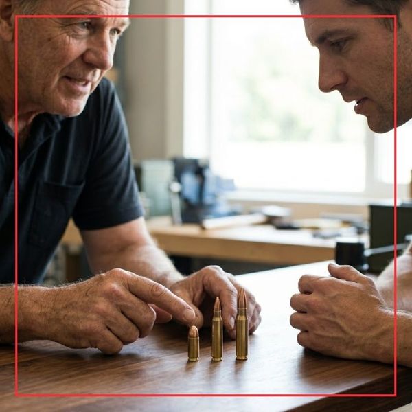 A close-up square photograph taken in a Longmont workshop showing an expert instructor and an adult student, focused on different caliber blank cartridges resting on a counter, with no branding visible.