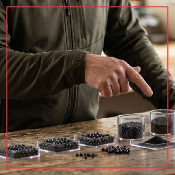 A close-up 1:1 square photograph of two men in a workshop discussing muzzleloading components, with one man pointing to various unbranded powder substitute samples displayed on a wooden counter.
