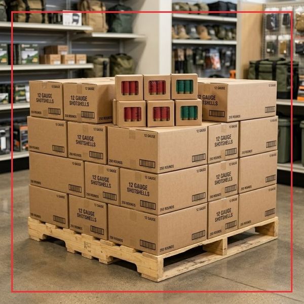 A stacked pallet holding numerous brown cardboard cases of generic, unbranded 12-gauge shotshells in a clean retail storage area, illustrating the large inventory of bulk ammo available in Longmont for high-volume shooters.