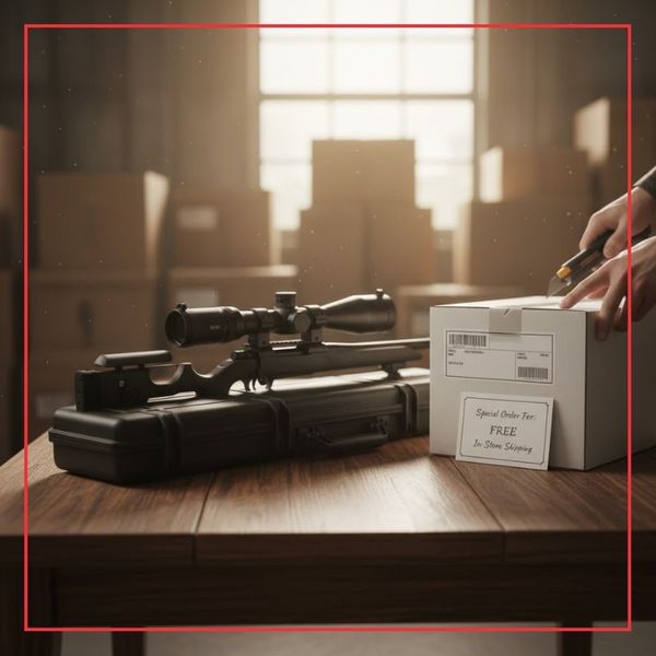 A person unboxing a custom-ordered firearm and case on a wooden table, with a note indicating "Free In-Store Shipping"