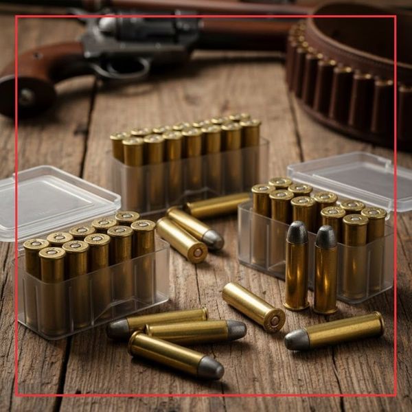 A box of .45 Colt black powder cartridges, with several cartridges standing next to it, on a wooden surface next to a lever-action rifle