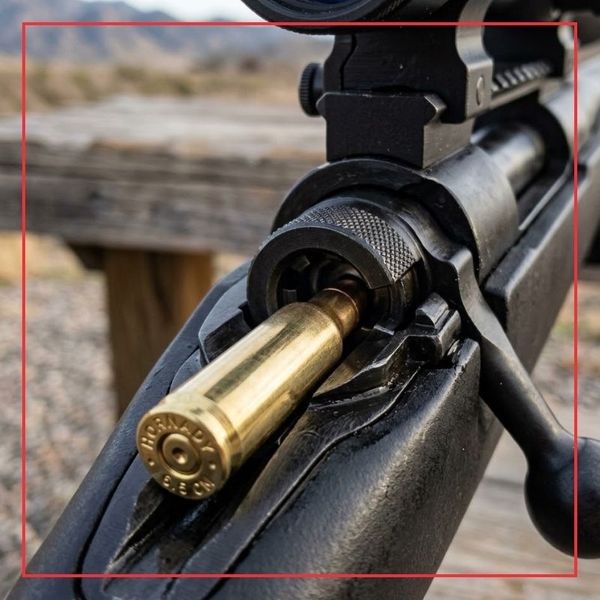 A focused 1:1 macro shot capturing a single, gleaming brass centerfire rifle round being smoothy chambered into the dark metal action of a bolt-action precision rifle.