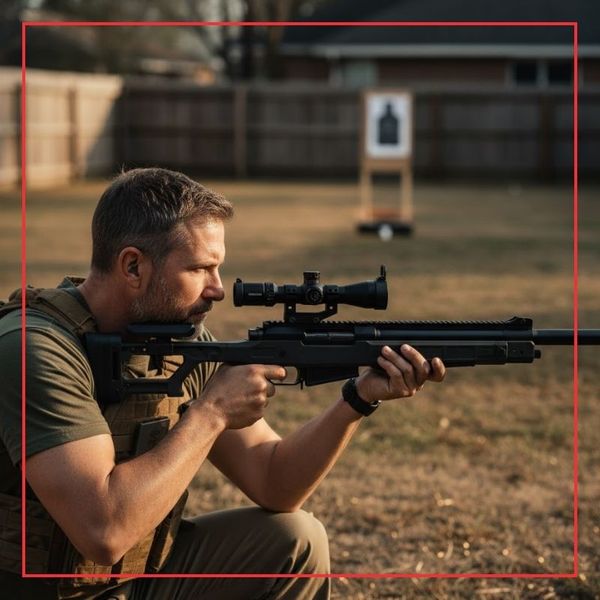 a man shooting an air rifle at an outside gun range