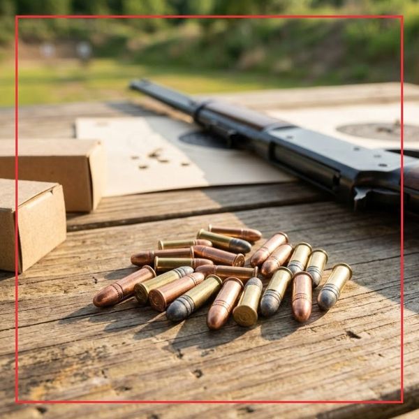 A close-up 1:1 photograph showing assorted unbranded .22 LR rimfire ammunition resting on a worn wooden table with a softly blurred classic rifle and simple paper targets, suggesting a casual recreational range setting.