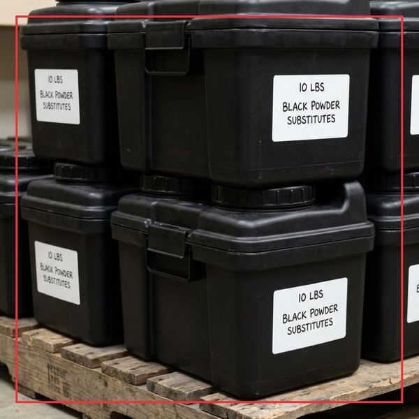 A square 1:1 photograph in a storage setting, showing a close-up of several rugged, stacked black plastic containers with simple 'BLACK POWDER' labels, representing bulk supplies on a weathered wooden pallet.