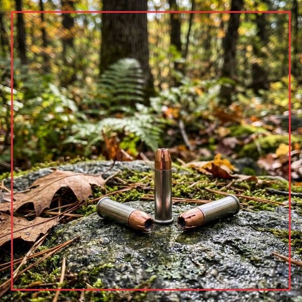 A close-up 1:1 photograph in a forest setting, showing unbranded, hollow-point rimfire hunting cartridges resting on a mossy, weathered rock with a shallow depth of field, emphasizing field performance.