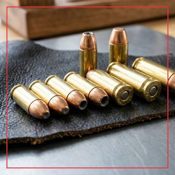 A square close-up photograph displaying loose 9mm, .40 S&W, and .45 ACP centerfire cartridges lying together on a dark, rugged leather surface, emphasizing the variation in size and bullet profile.