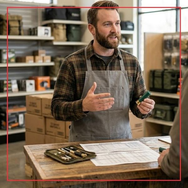 A close-up view of a knowledgeable local staff member, wearing a rustic flannel shirt, explaining the technical data of a generic green shotshell to a customer over a wooden counter, illustrating the trustworthy expertise available in Longmont.